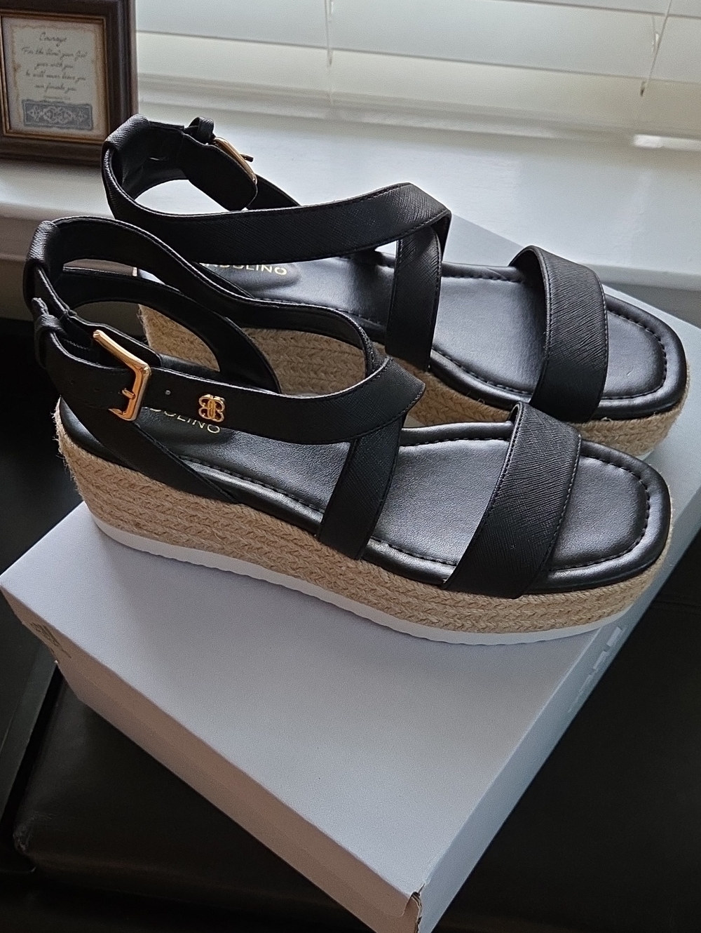 Bandolino Black Espadrille Platform Sandals with Gold Buckle